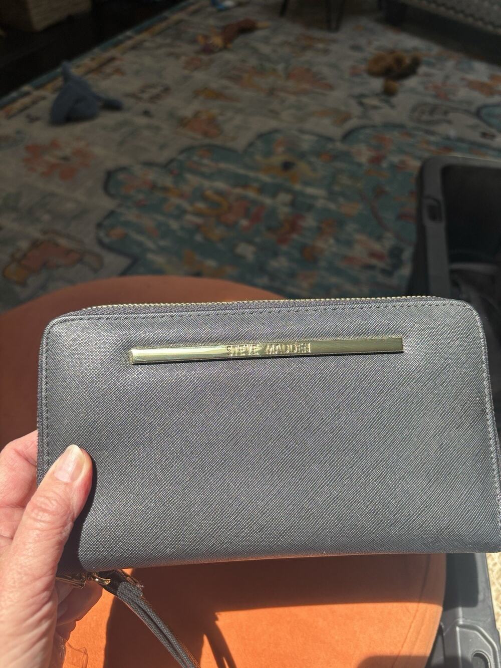 Steve Madden Black Solid Zip-Around Wristlet Wallet w/ Strap, Credit Card